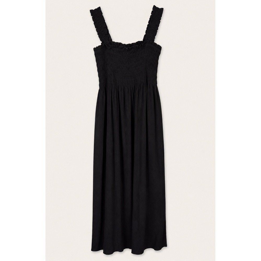 Calvin Klein Maxi Dress Black Smocked Ruffle Strap Side Slits Womens Size 4